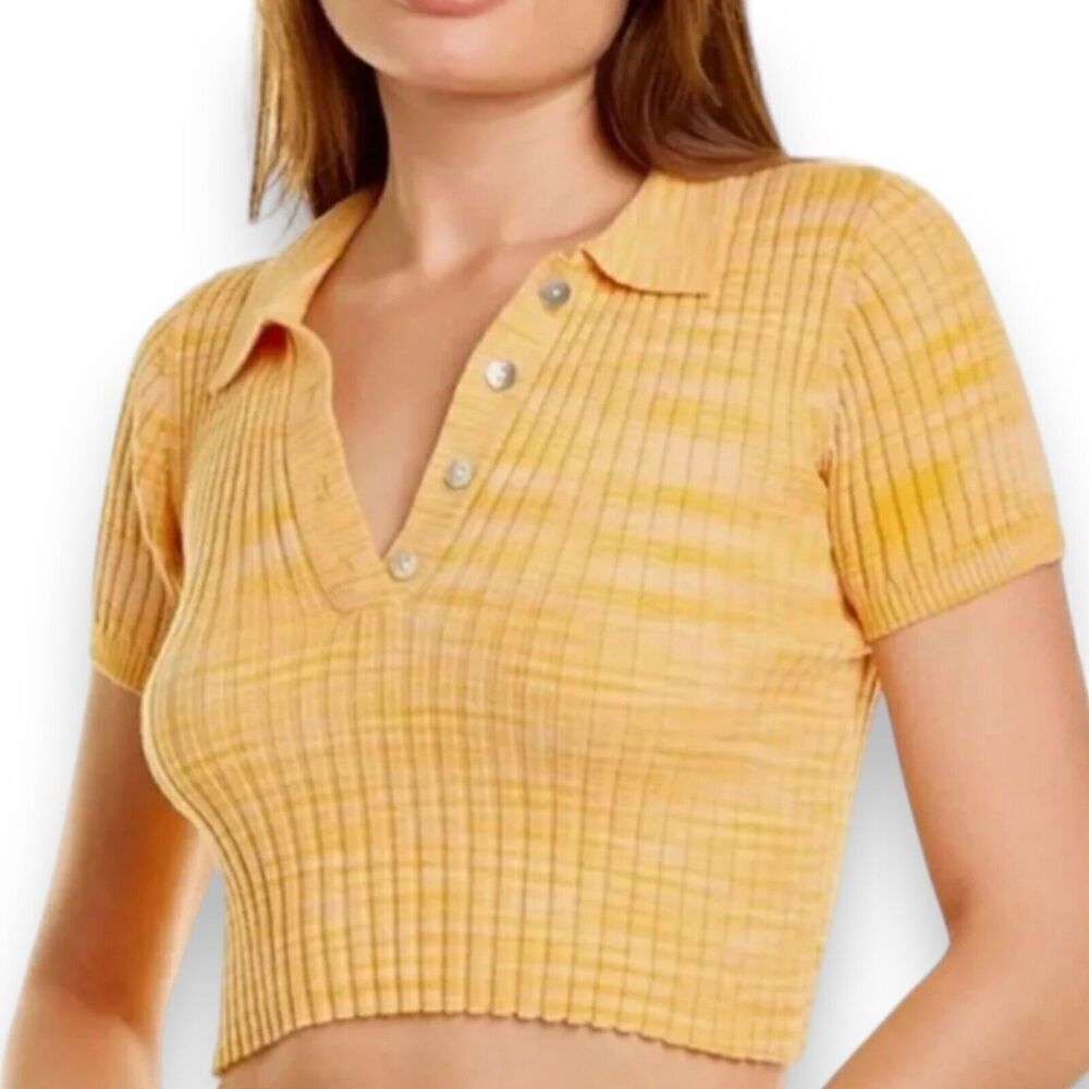 L SPACE Shirt WMNS S Orange Collared Stretch Molly Crop Top Apricot Ribbed SS